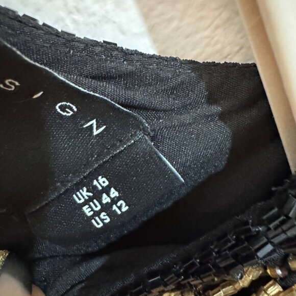 ASOS Design Black & Gold Beaded Fringe Check Minidress Size 12 - Picture 5 of 6